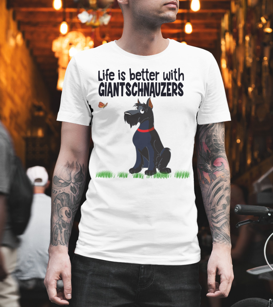 Life is Better with Giant Schnauzers Playful Cartoon Dog and Butterfly in Grass T-Shirt