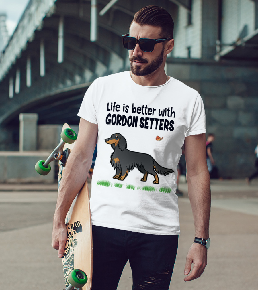 Life Is Better With Gordon Setters Charming Dog Illustration Featuring Butterfly And Grass T-Shirt