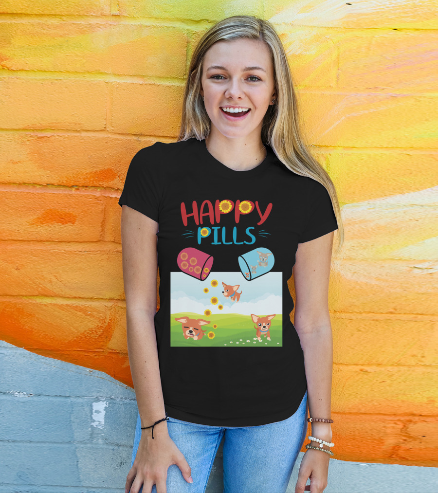 Happy Pills Chihuahuas Playing With Sunflowers T-Shirt