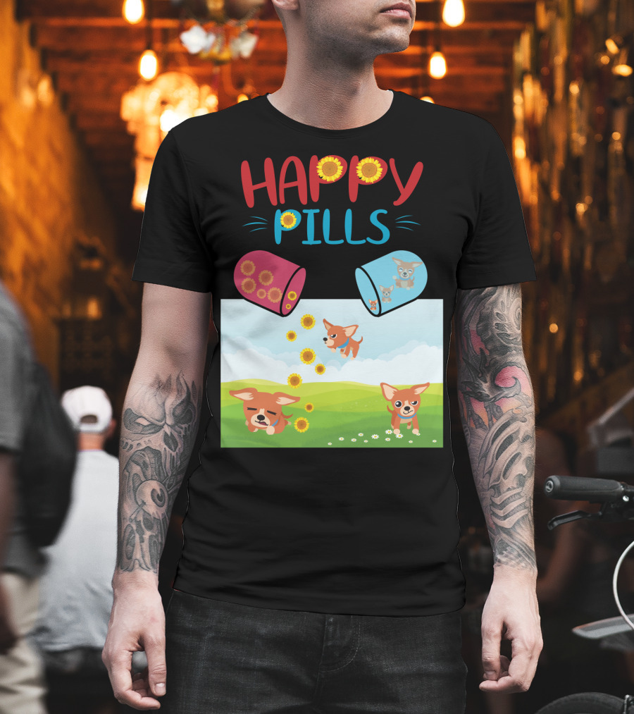 Happy Pills Chihuahuas Playing with Sunflowers T-Shirt