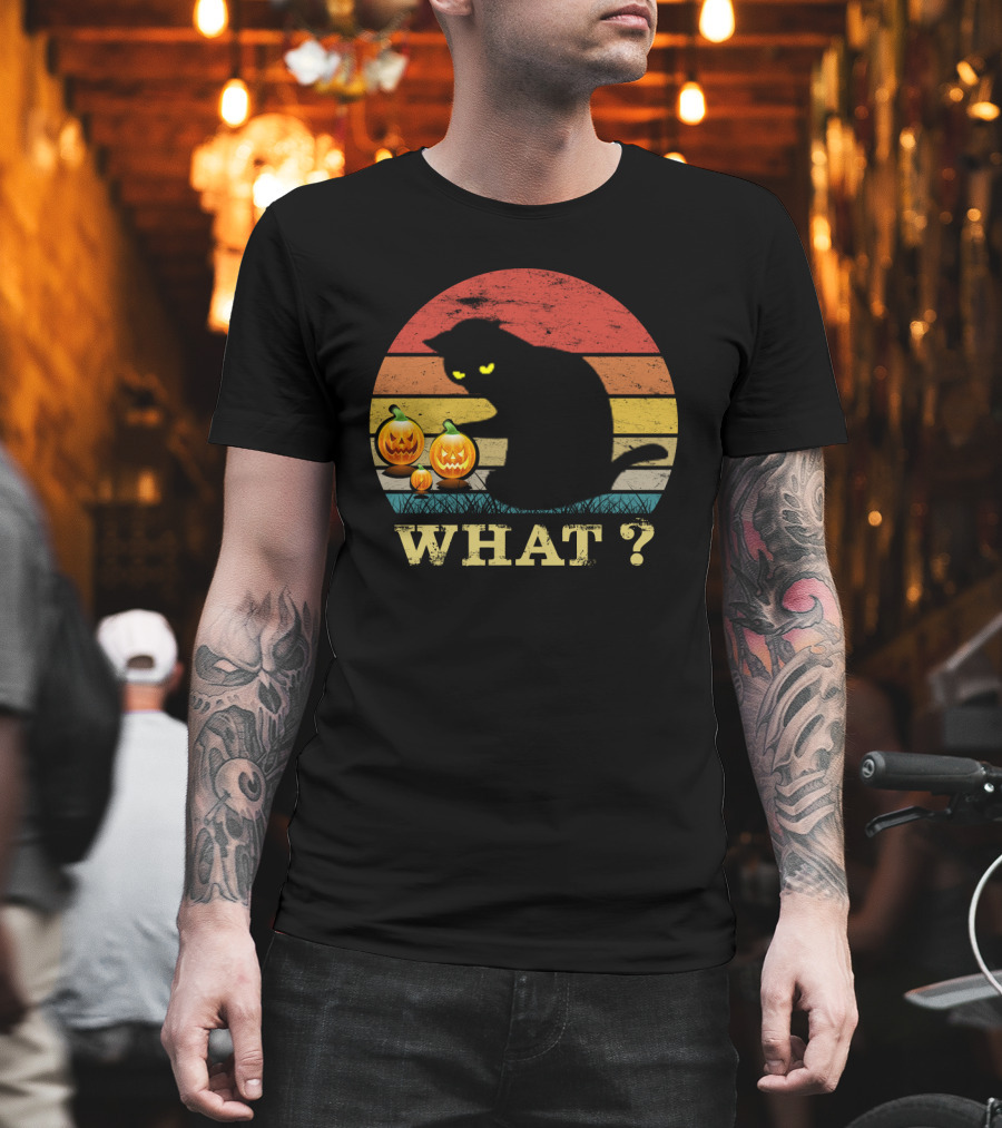 What? Funny Black Cat With Jack-o'-Lanterns Retro Halloween T-Shirt