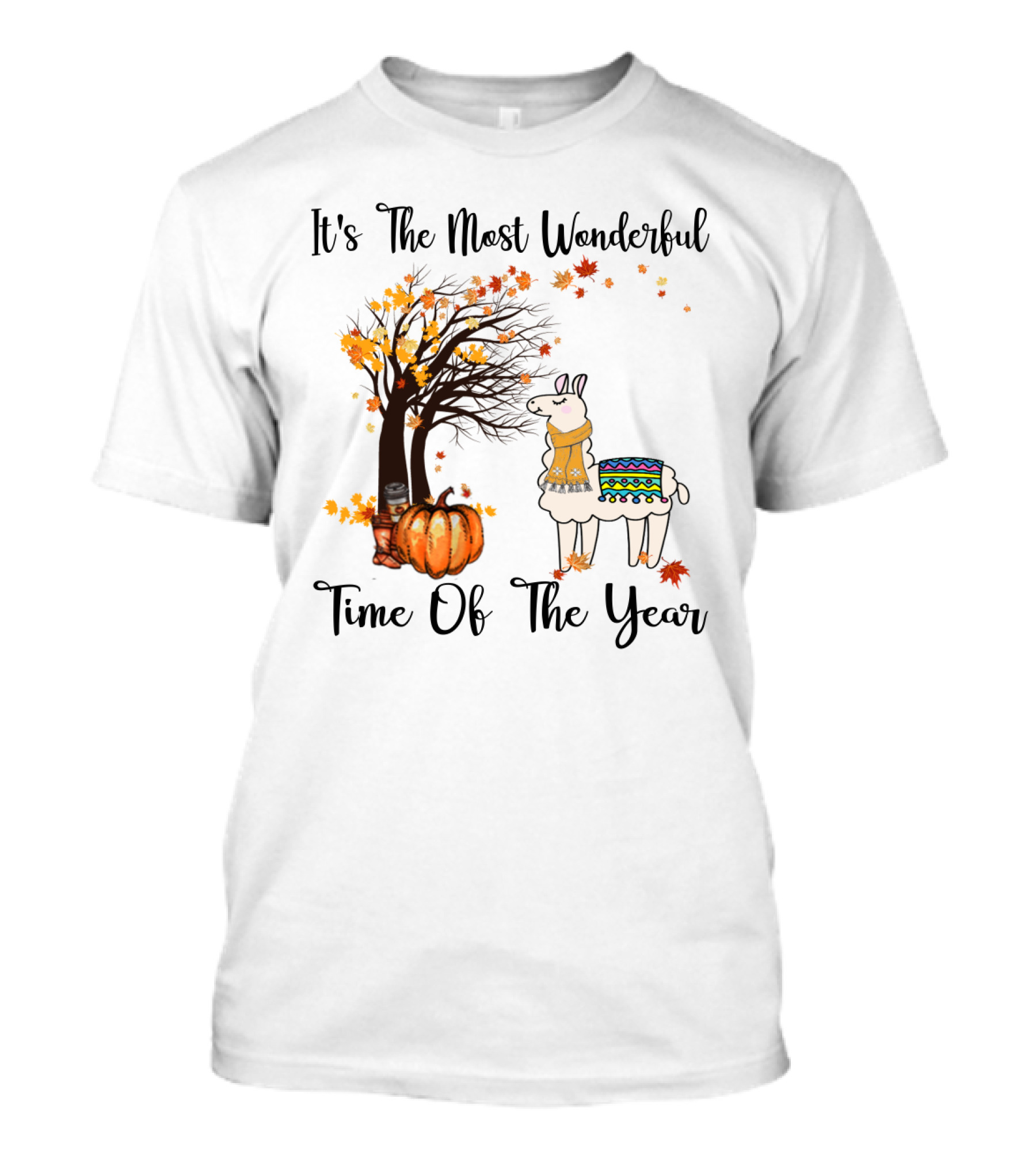 It's The Most Wonderful Time Of The Year Llama Autumn Leaves Pumpkin Tree T-Shirt