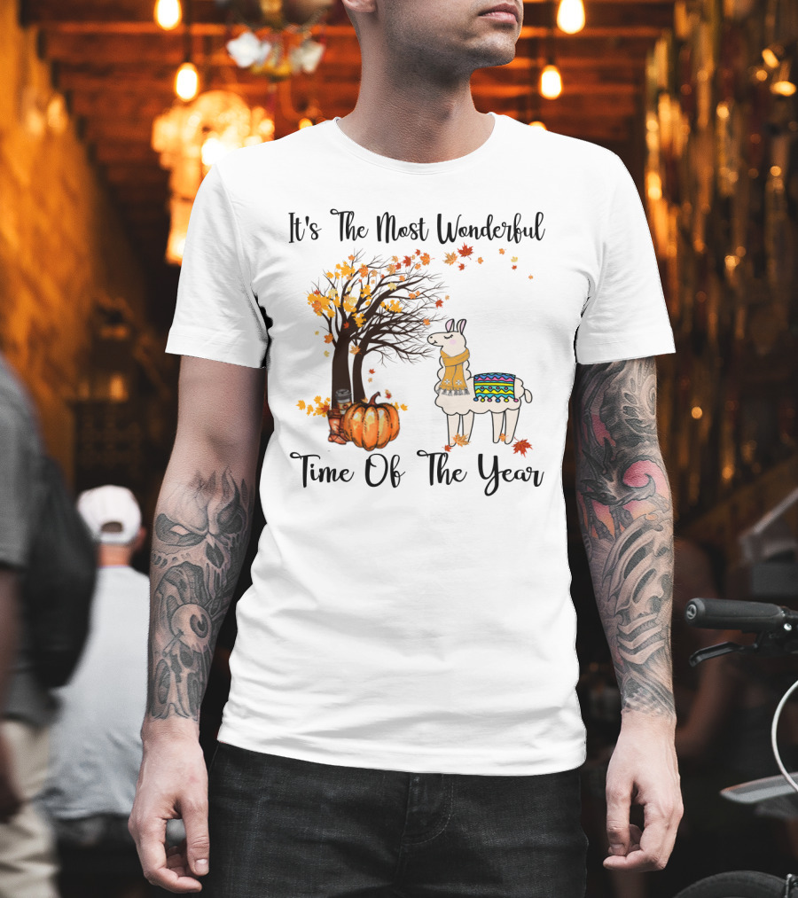 It's The Most Wonderful Time Of The Year Llama Autumn Leaves Pumpkin Tree T-Shirt