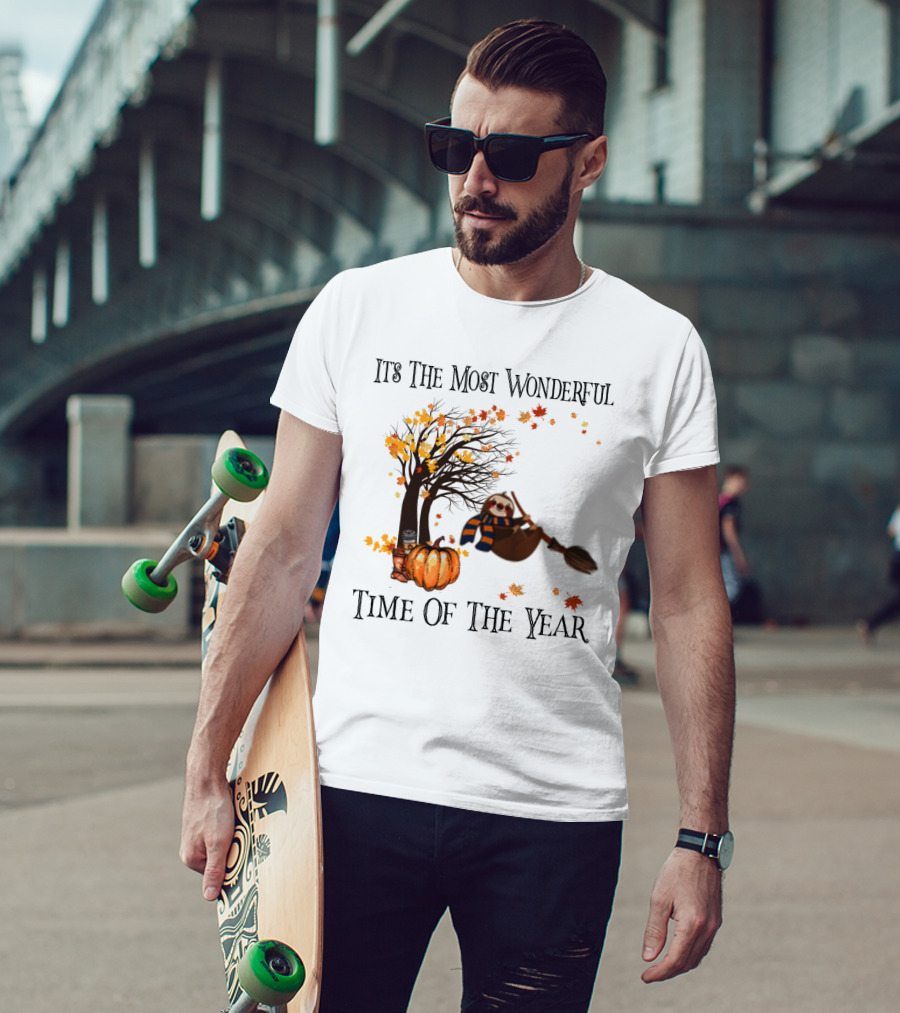 It's The Most Wonderful Time Of The Year Sloth Broom Pumpkin Autumn Leaves Tree T-Shirt
