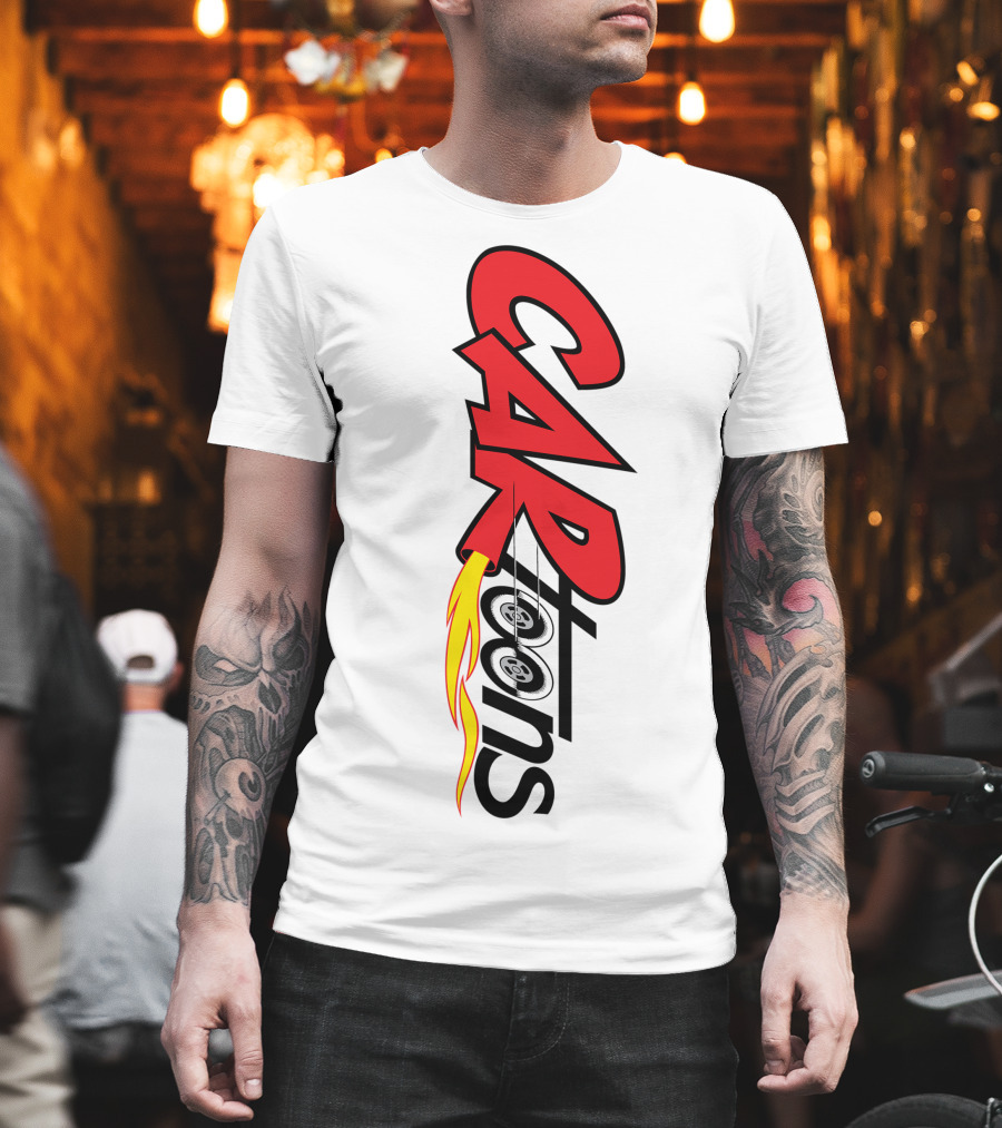 CARTOONS Red And Black Text With Flames And Wheel T-Shirt