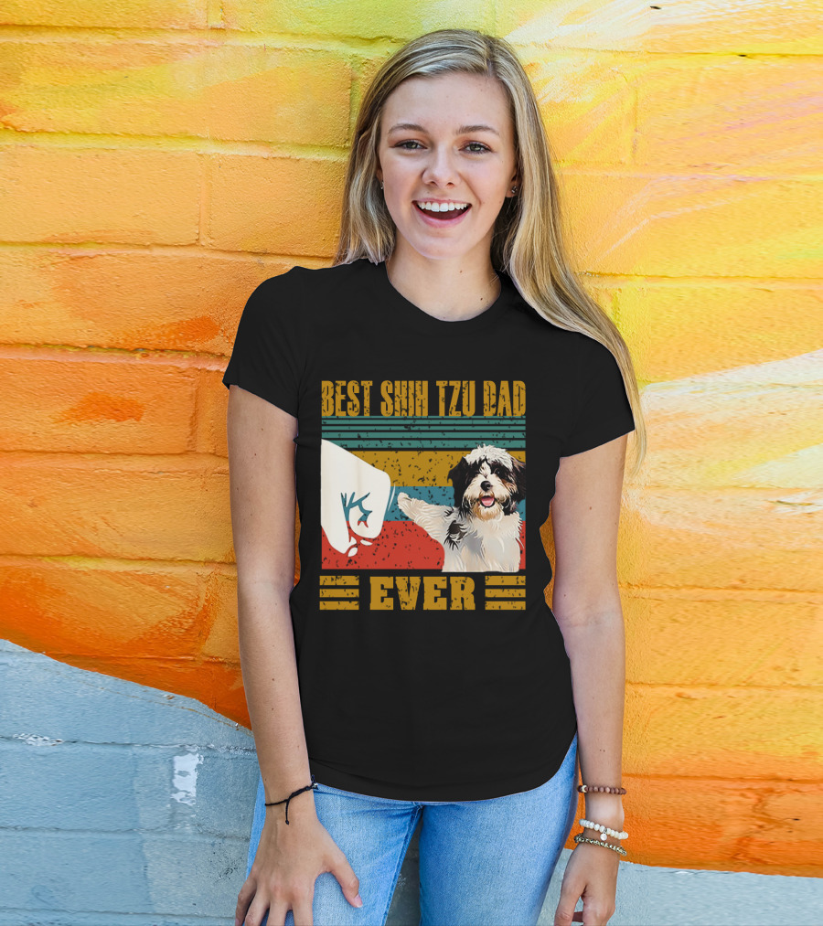 Best Shih Tzu Dad Ever Vintage Style Dog Paw Prints T-Shirt