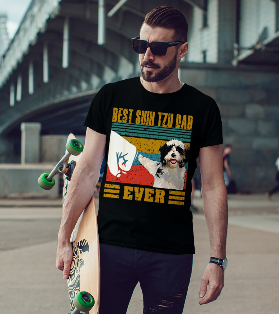 Best Shih Tzu Dad Ever Vintage Style Dog Paw Prints T-Shirt