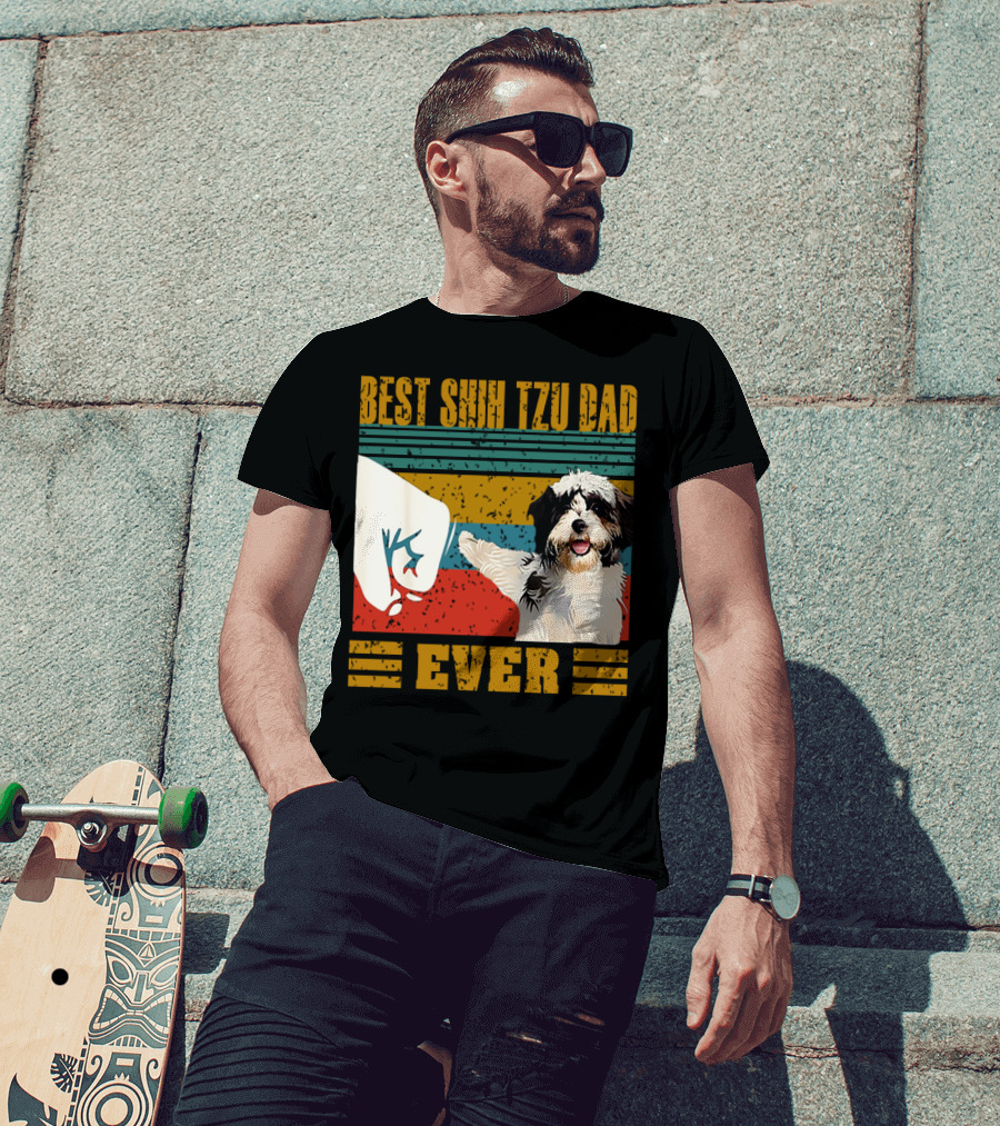 Best Shih Tzu Dad Ever Vintage Style Dog Paw Prints T-Shirt