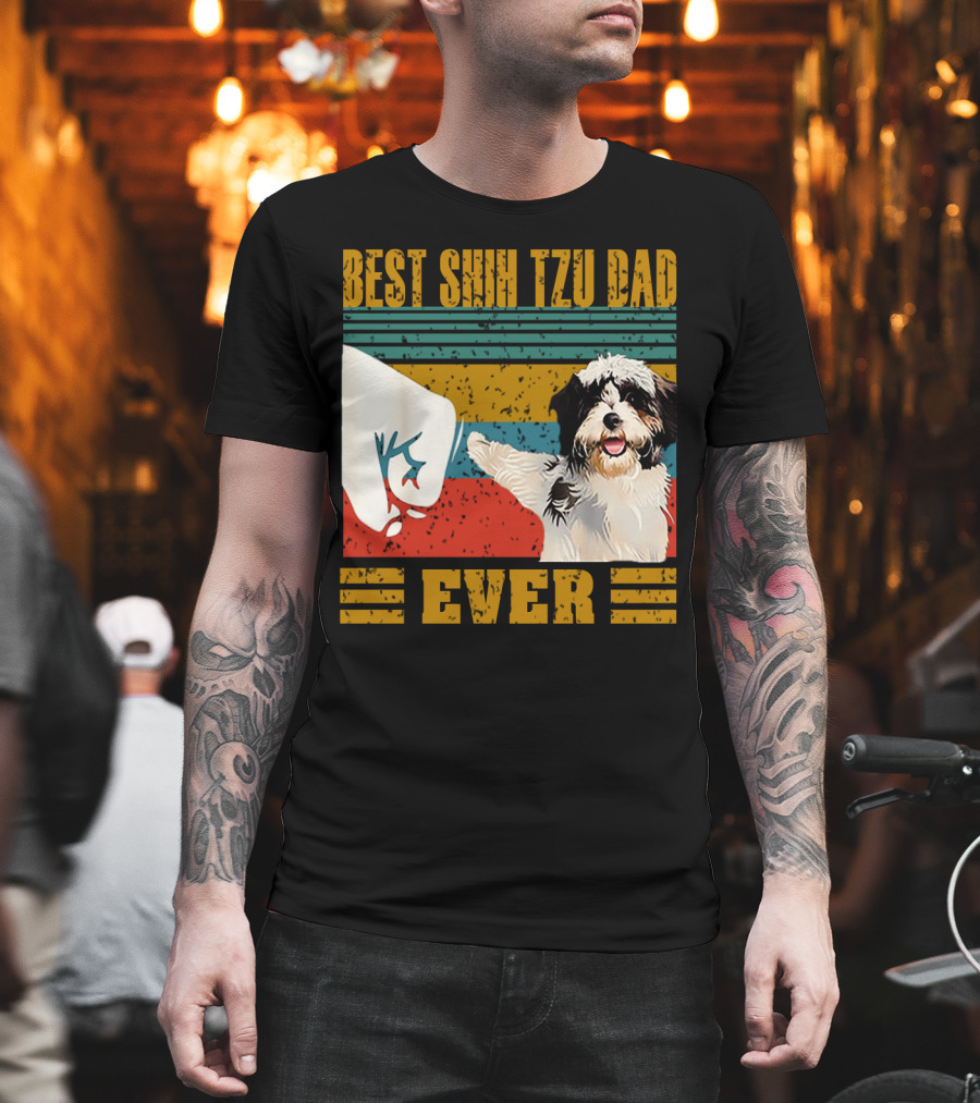 Best Shih Tzu Dad Ever Vintage Style Dog Paw Prints T-Shirt
