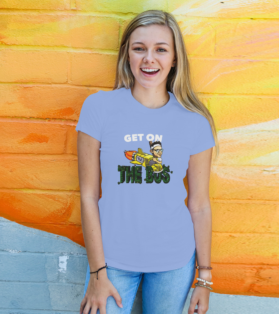 GET ON THE BUS Rocket Cartoon Character With Headband And Glasses T-Shirt