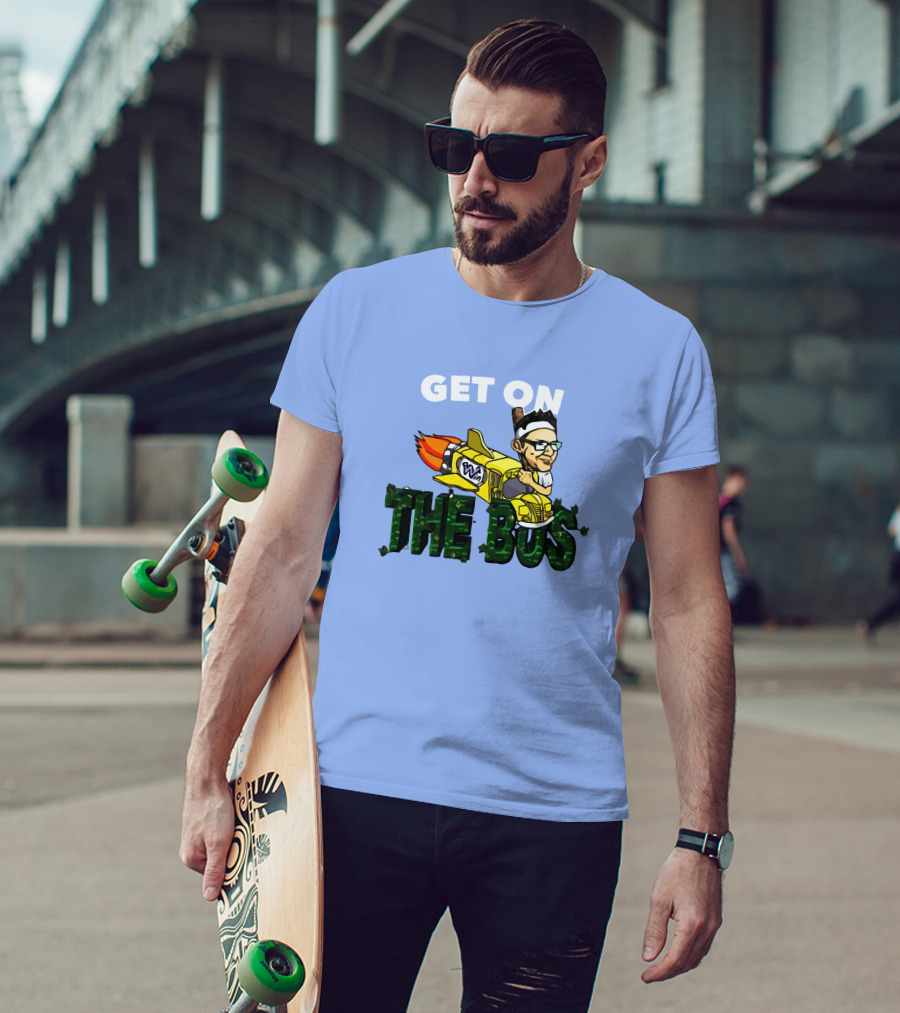 GET ON THE BUS Rocket Cartoon Character With Headband And Glasses T-Shirt