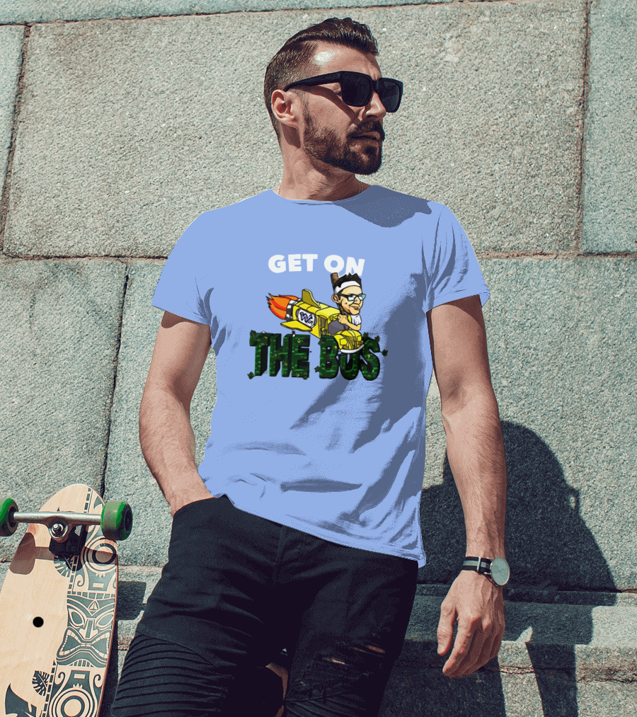 GET ON THE BUS Rocket Cartoon Character With Headband And Glasses T-Shirt