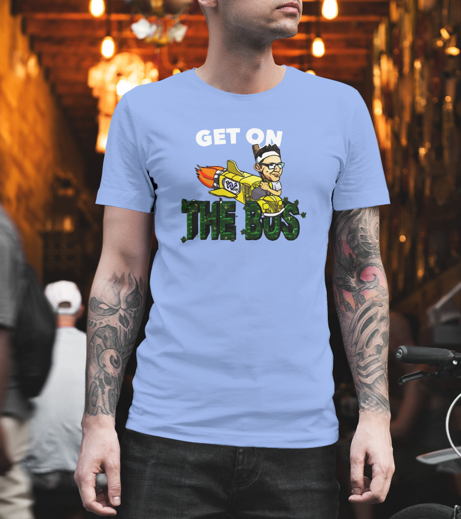 GET ON THE BUS Rocket Cartoon Character With Headband And Glasses T-Shirt