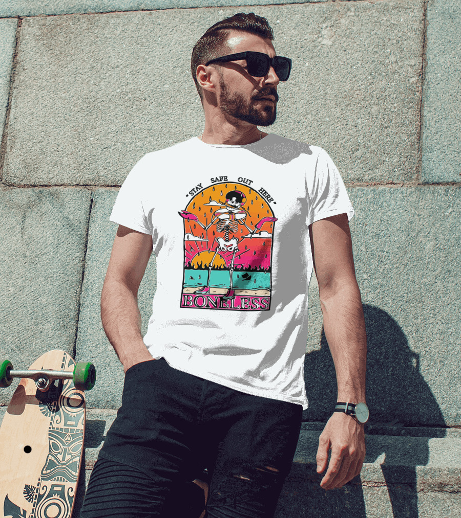 Stay Safe Out Here Boneless Sunset Skeleton Surfer T-Shirt