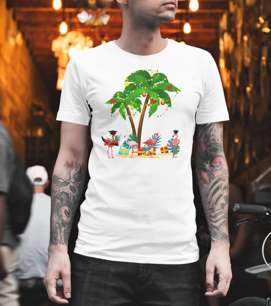 Tropical Christmas Flamingos Under Palm Tree With Gifts T-Shirt