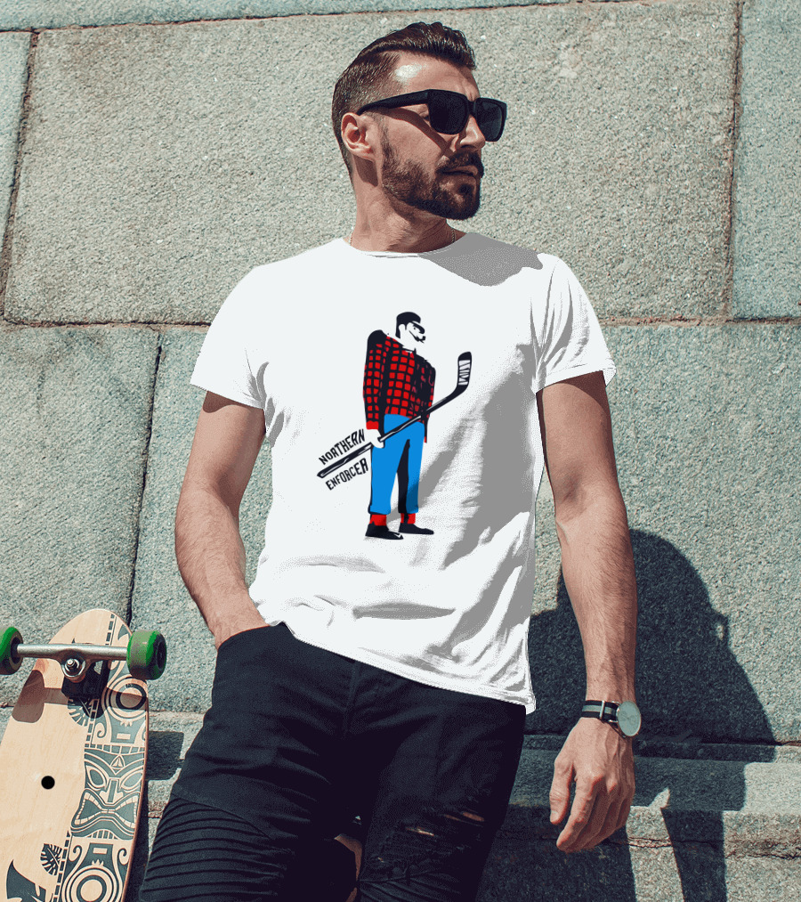 Northern Enforcer Hockey Plaid Lumberjack Player With Stick T-Shirt