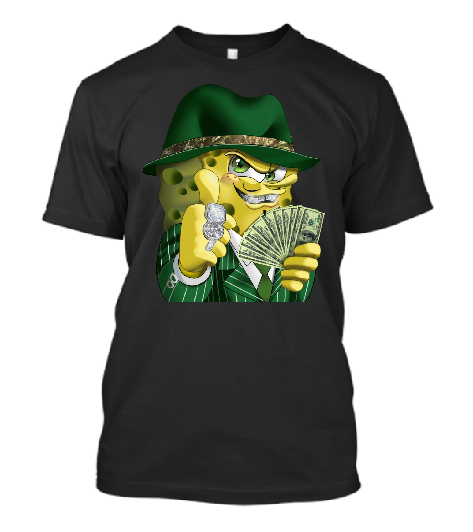 SpongeBob Gangster Style In Green Suit And Hat With Money And Diamonds T-Shirt