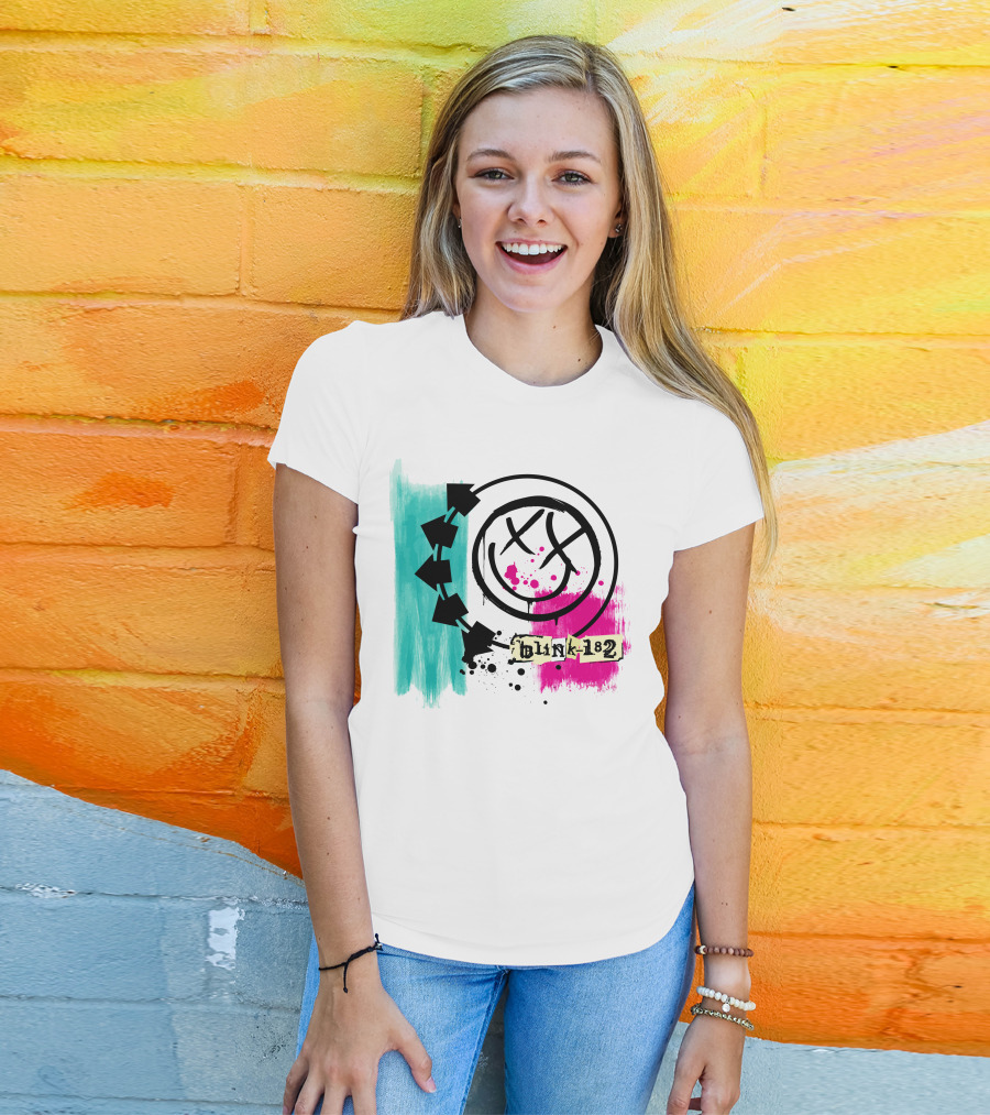 Blink 182 I Miss You Smiley Logo With Pink And Teal Paint Splatter T-Shirt