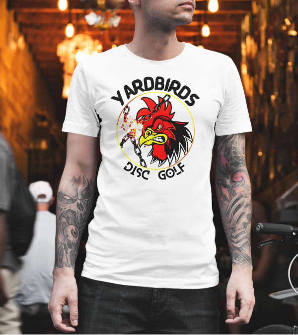 Yardbirds Disc Golf Angry Rooster with Exploding Chains T-Shirt Yardbirds Disc Golf Angry Rooster with Exploding Chains T-Shirt