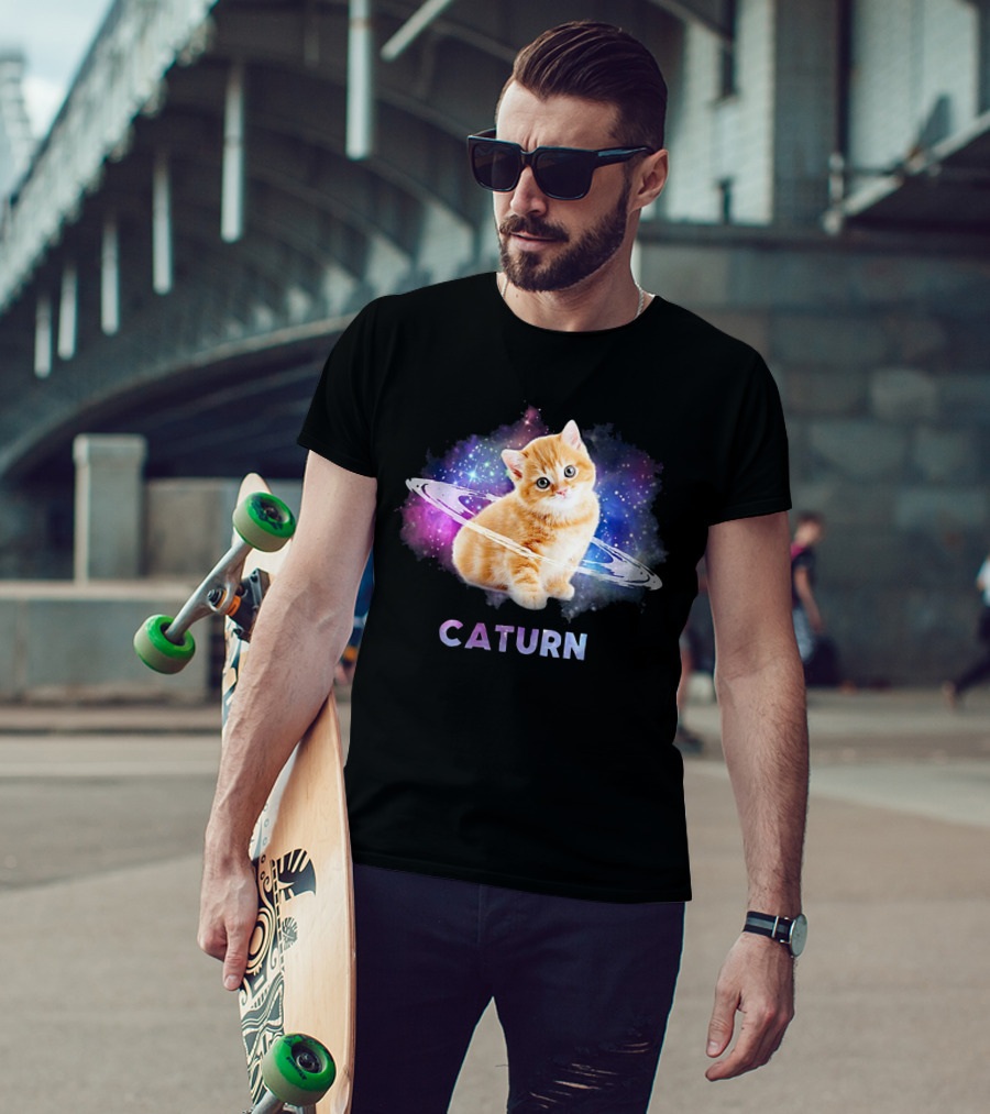 Cat In Space Caturn Saturn Randball Kitten In Cosmic Rings T-Shirt