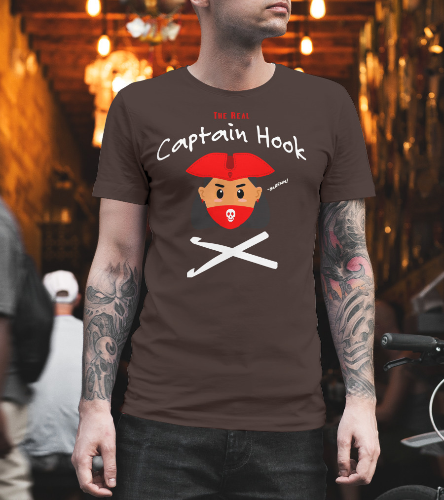 The Real Captain Hook Yarrnn Skull Red Hat Pirate Face Crossed Needles T-Shirt