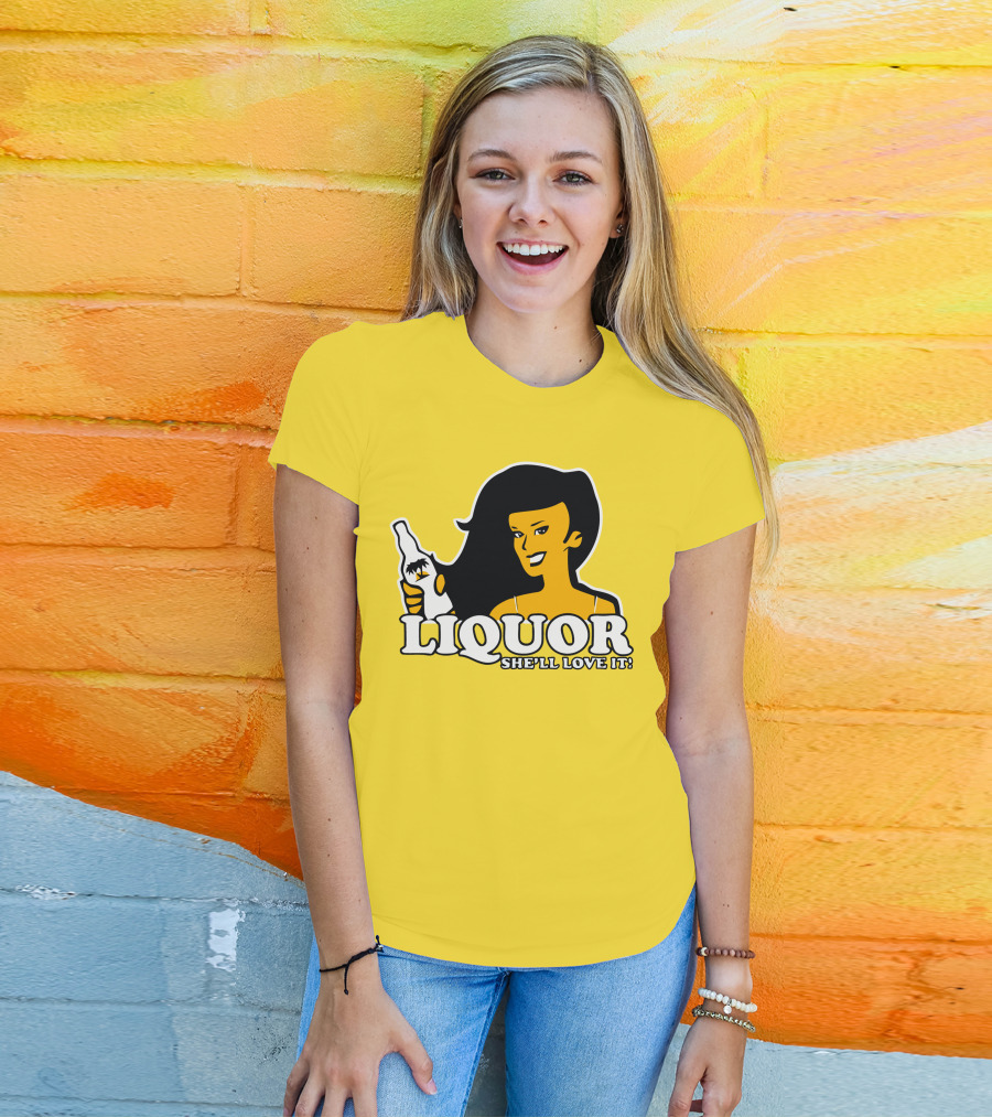 Liquor She'll Love It Retro Pin-Up Style Woman Holding Bottle T-Shirt
