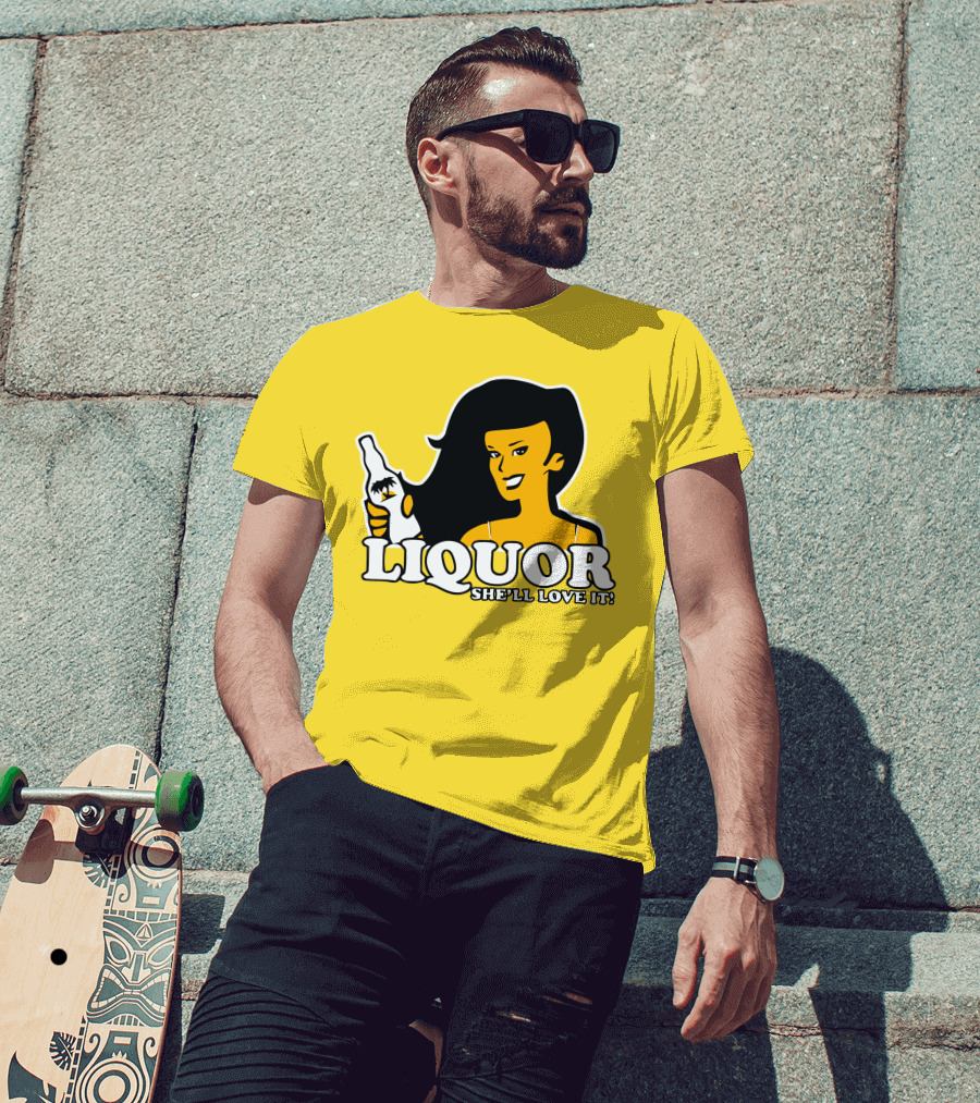 Liquor She'll Love It Retro Pin-Up Style Woman Holding Bottle T-Shirt