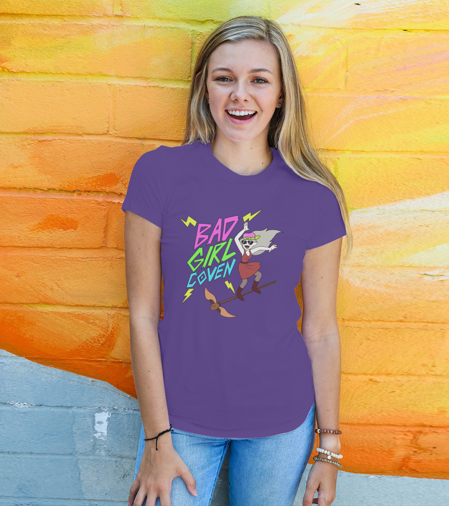 Bad Girl Coven Witch On Broomstick With Lightning Bolts T-Shirt