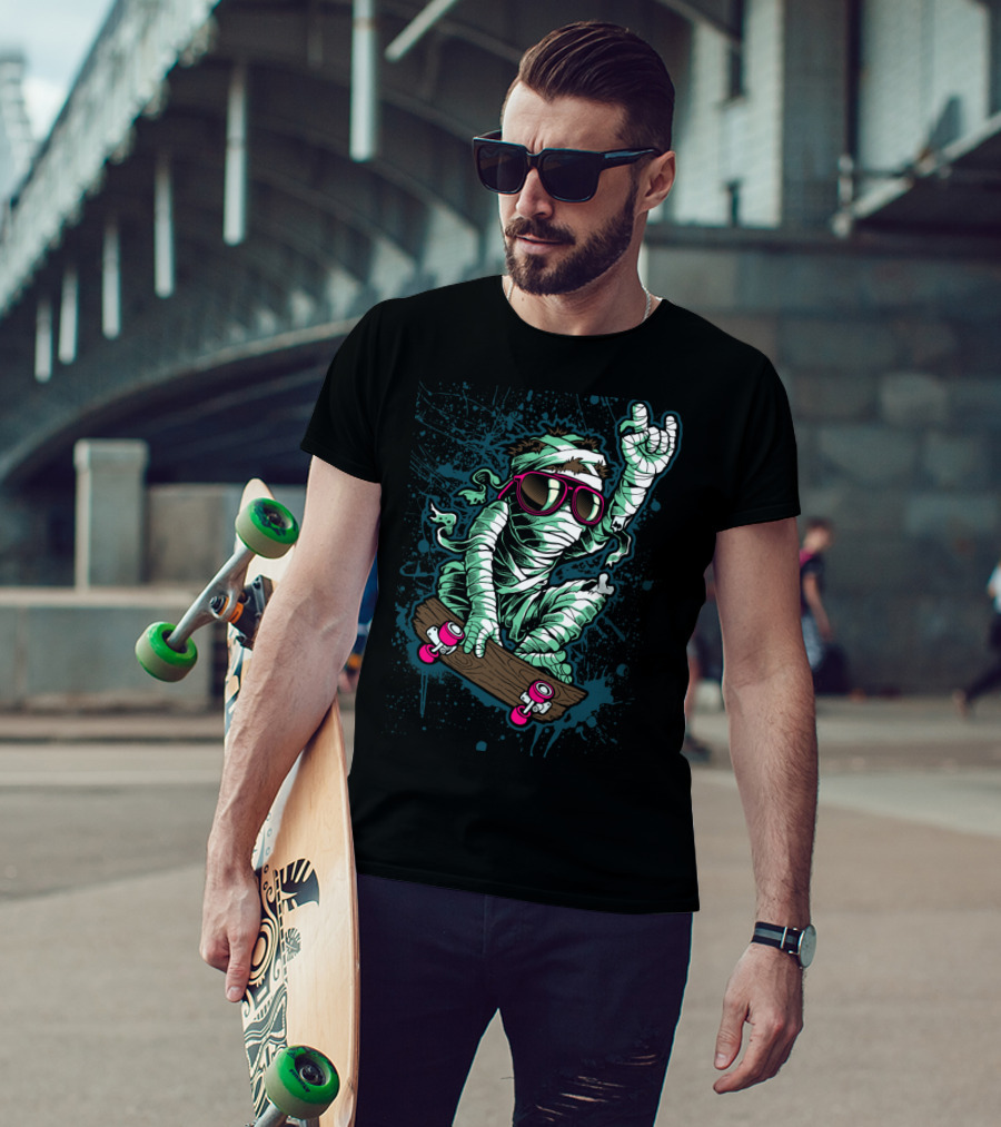 Return Mummy Skateboarding With Sunglasses Rock Hand Gesture T-Shirt