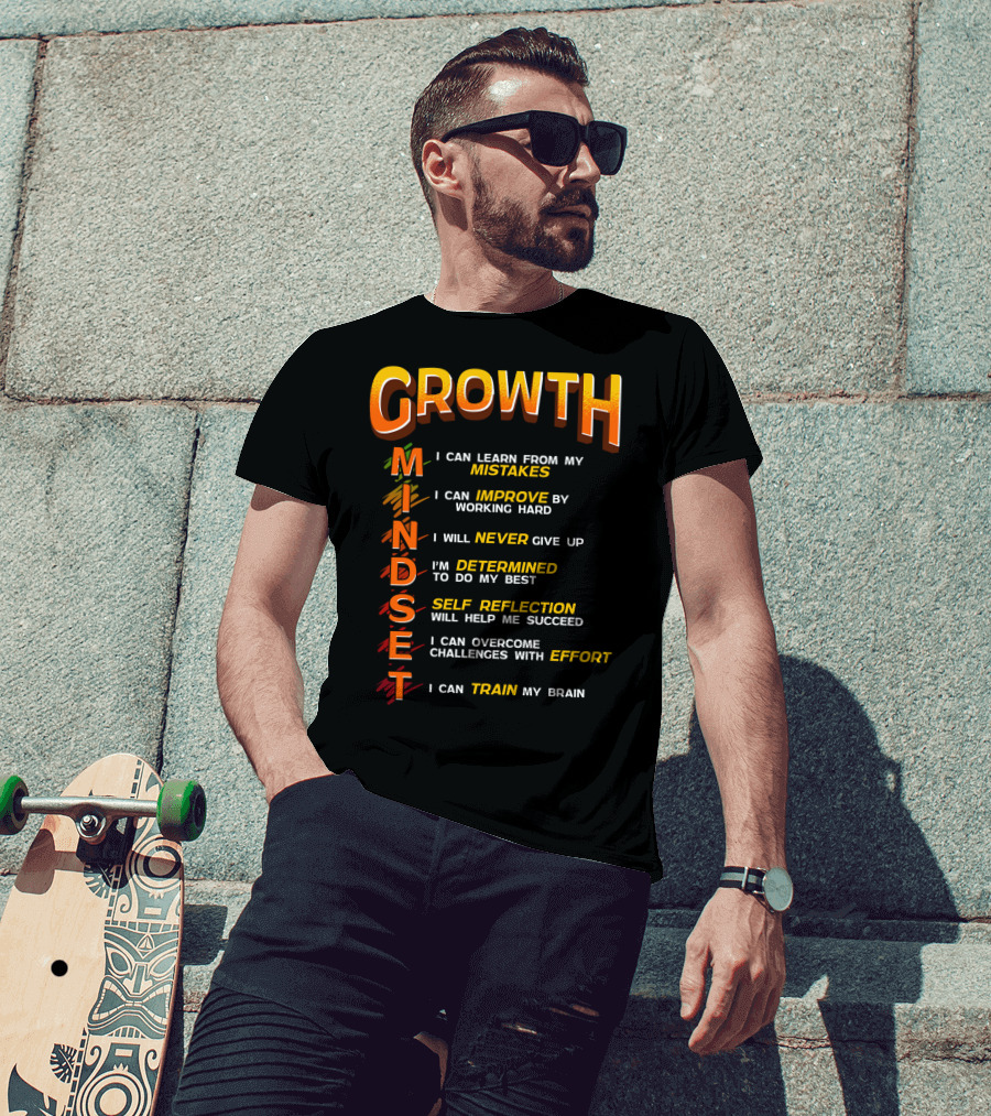 Growth Mindset Teacher Classroom Brain Motivation Mistakes Improve Never Determined Self Reflection Effort Train T-Shirt