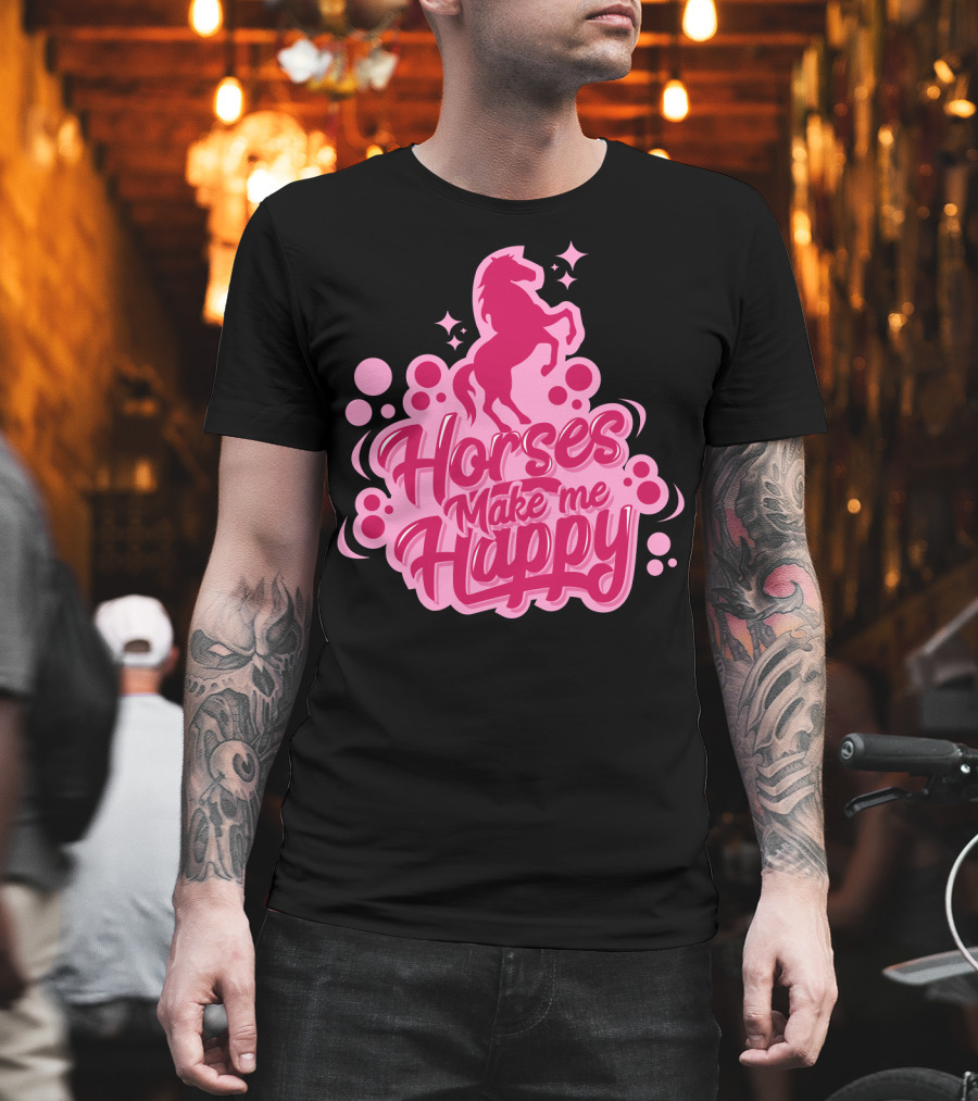 Horses Make Me Happy Pink Horse Silhouette With Stars And Circles T-Shirt