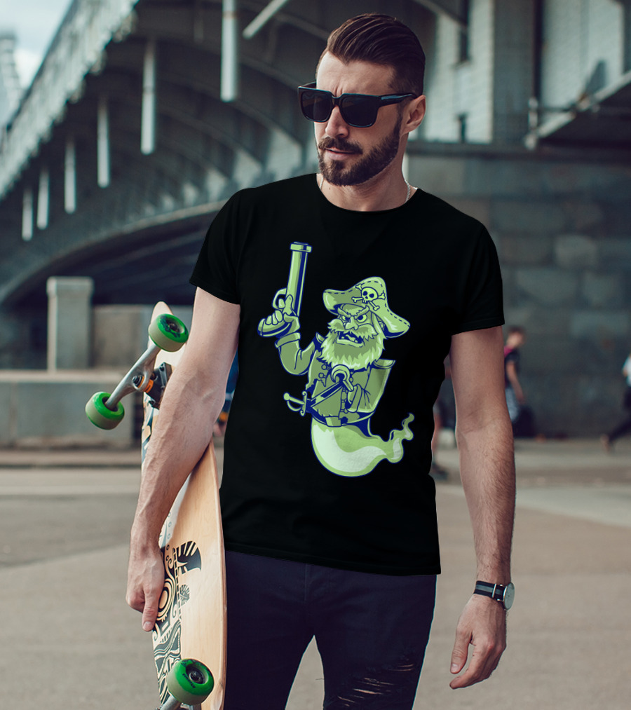 Ghost Pirate Jolly Roger Skull With Sword And Gun Spooky Specter T-Shirt