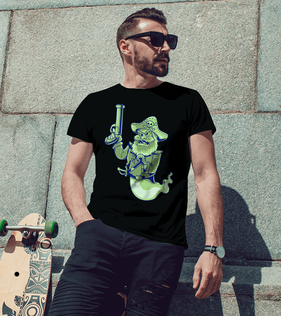 Ghost Pirate Jolly Roger Skull With Sword And Gun Spooky Specter T-Shirt
