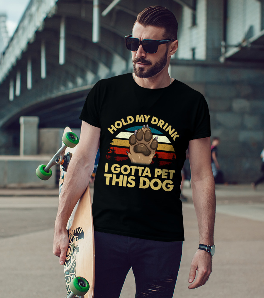 Hold My Drink I Gotta Pet This Dog Vintage Sunset Dog Paw T-Shirt
