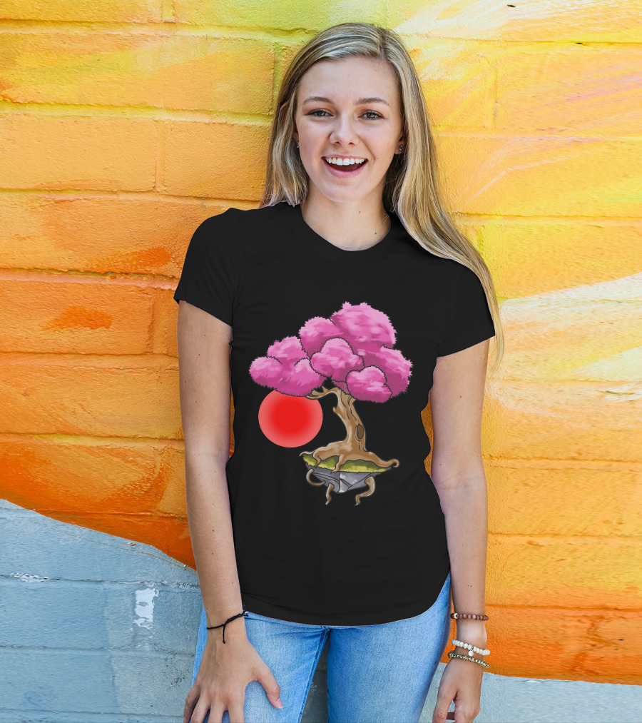 Floating Japanese Cherry Blossom Sakura Tree With Red Sun Sphere T-Shirt