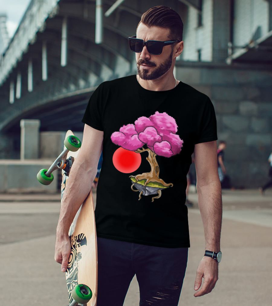 Floating Japanese Cherry Blossom Sakura Tree With Red Sun Sphere T-Shirt