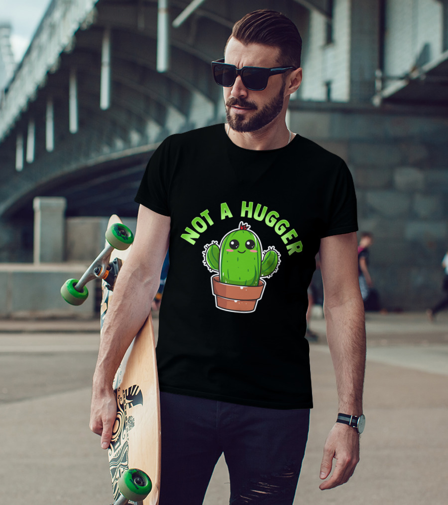 Kawaii Cactus Not A Hugger Cute Sarcastic Potted Plant T-Shirt