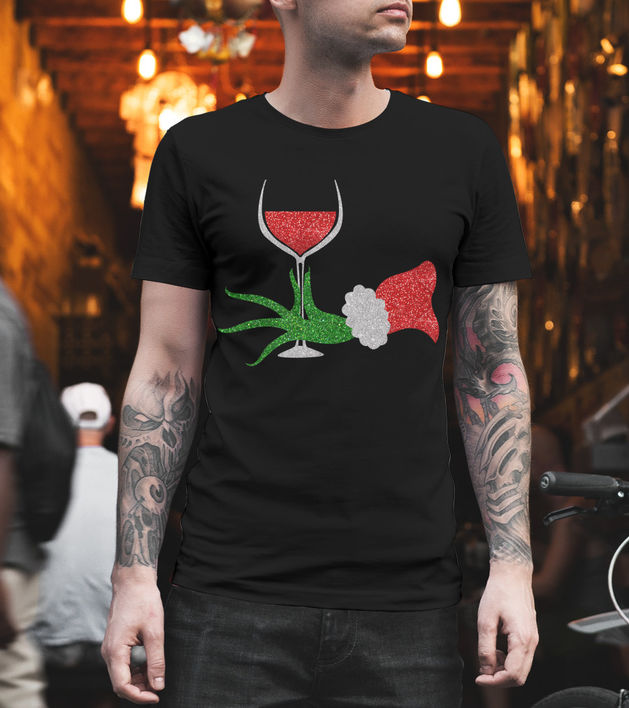 Grinch Hand Santa Hat Wine Glass Red Green Sparkle T-Shirt