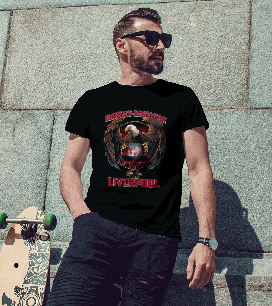 Harley Davidson Liverpool Eagle Holding Shield With Motorcycle Cycles T-Shirt