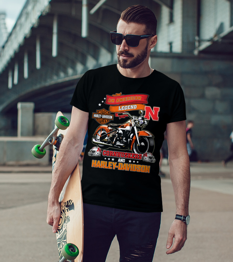 An American Legend Nebraska Cornhuskers And Harley Davidson Motorcycle Cycles T-Shirt