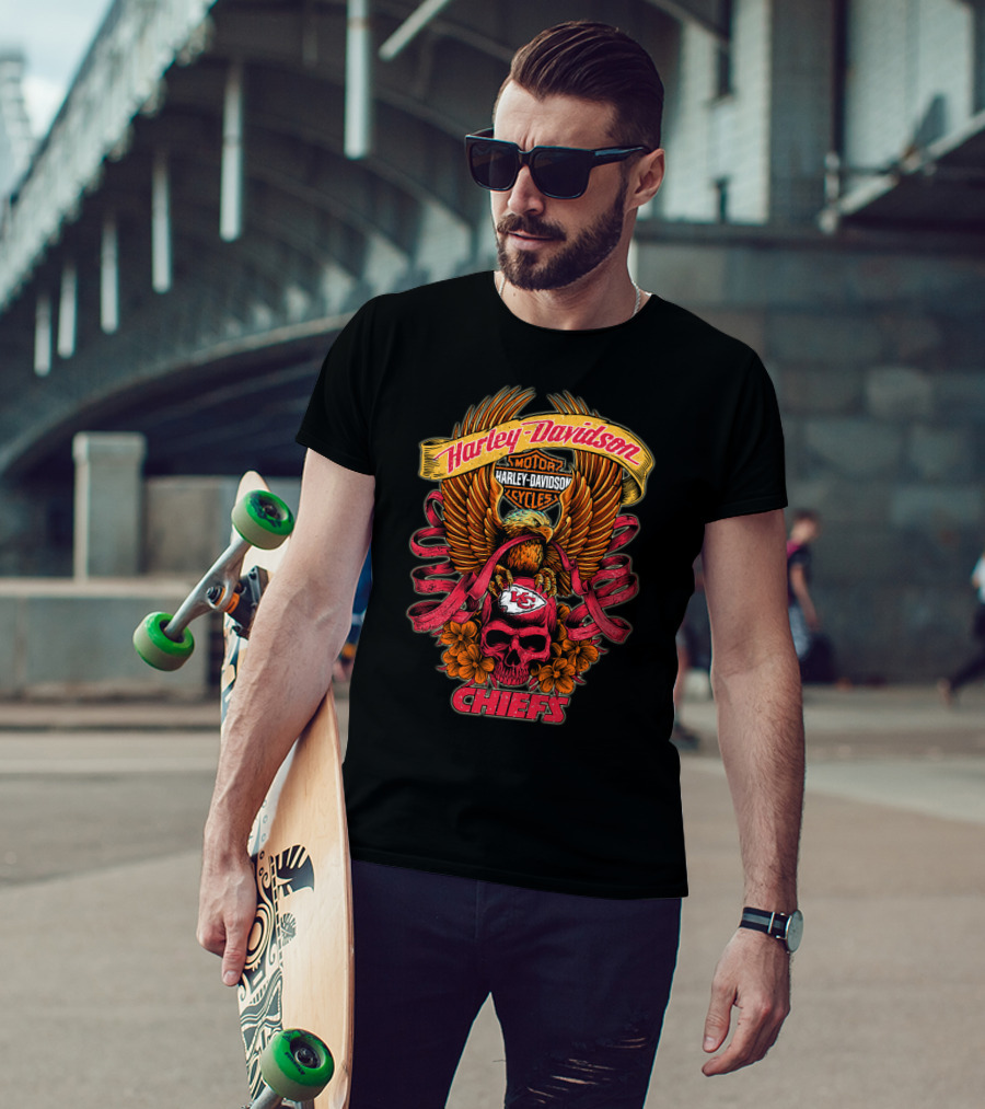 Harley Davidson Kansas City Chiefs Skull Eagle Flowers T-Shirt
