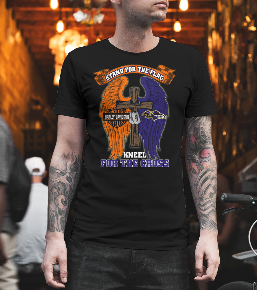 Stand For The Flag Kneel For The Cross Harley Davidson Motorcycles Baltimore Ravens T-Shirt