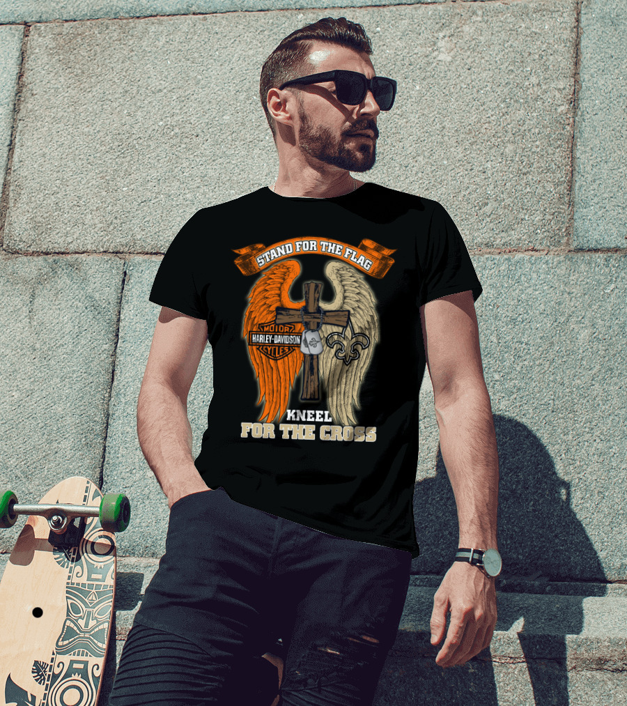 Stand For The Flag Kneel For The Cross Harley Davidson New Orleans Saints T-Shirt
