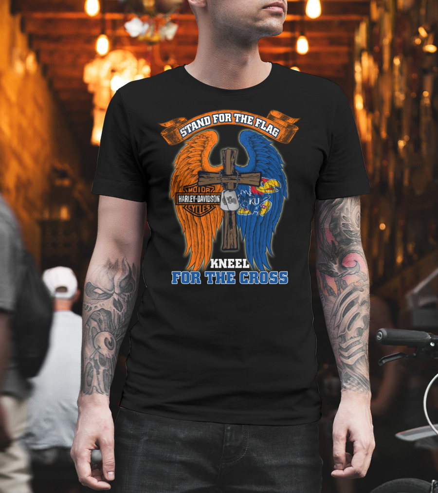Stand For The Flag Kneel For The Cross Harley Davidson Motorcycles Kansas Jayhawks Ku T-Shirt