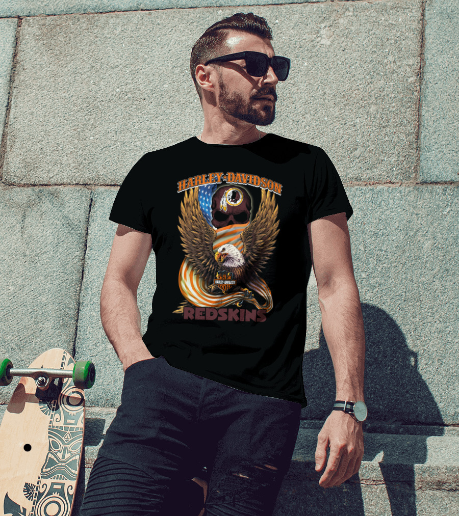 Harley Davidson Cycles Redskins Eagle And Skull Icon With American Flag T-Shirt