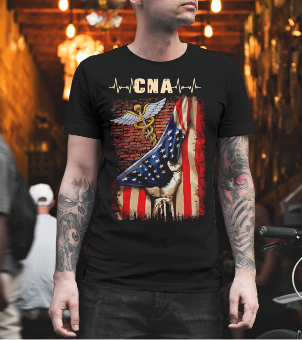CNA Nurse American Flag Caduceus Symbol with Heartbeat T-Shirt CNA Nurse American Flag Caduceus Symbol with Heartbeat T-Shirt