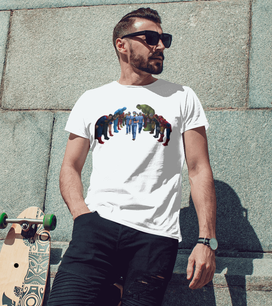 Healthcare Super Heroes Surrounded By Iconic Superhero Characters T-Shirt