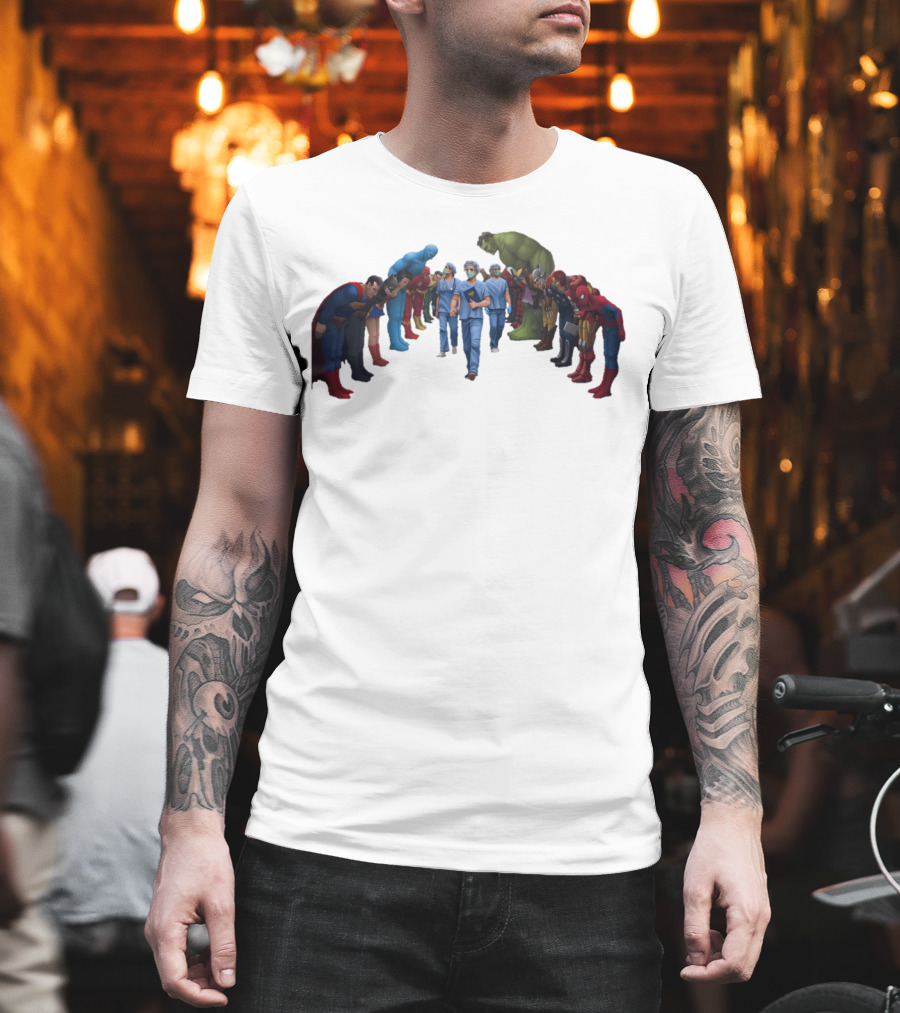 Healthcare Super Heroes Surrounded by Iconic Superhero Characters T-Shirt