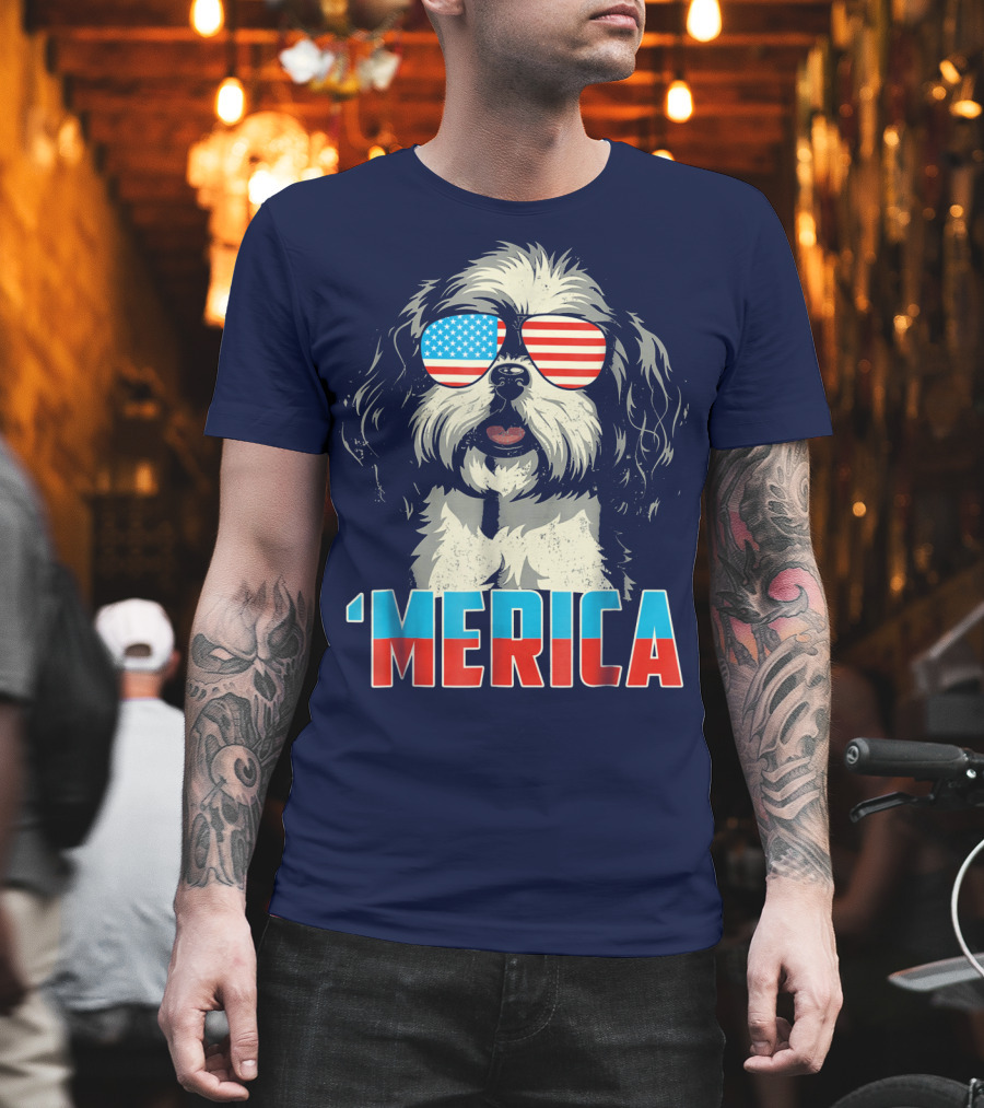 Patriotic Shih Tzu 'Merica with American Flag Sunglasses T-Shirt