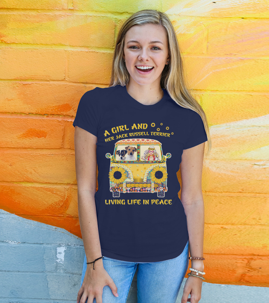 A Girl And Her Jack Russell Terrier Living Life In Peace Hippie Van With Sunflowers T-Shirt